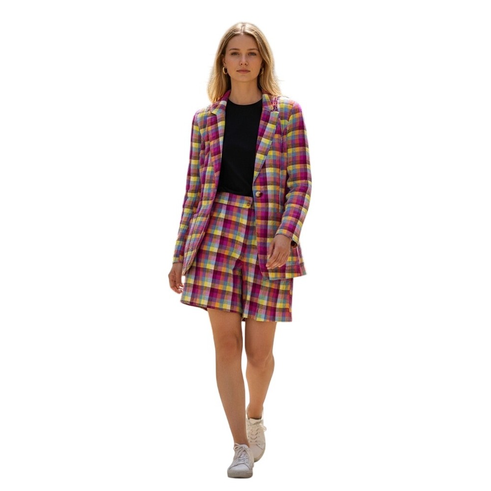 BCBGeneration Plaid Blazer and Shorts Set Multicolor Linen Blend 2 Piece